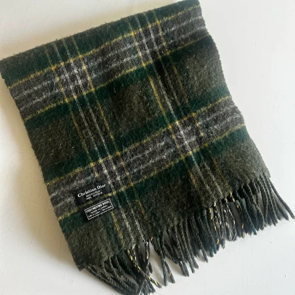 Dior Monsieur Wool Green and Gray Plaid Scarf - Picture 3 of 5